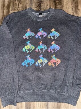 Sweet Claire Charcoal Crewneck Sweatshirt with Multicolor Rodeo Print